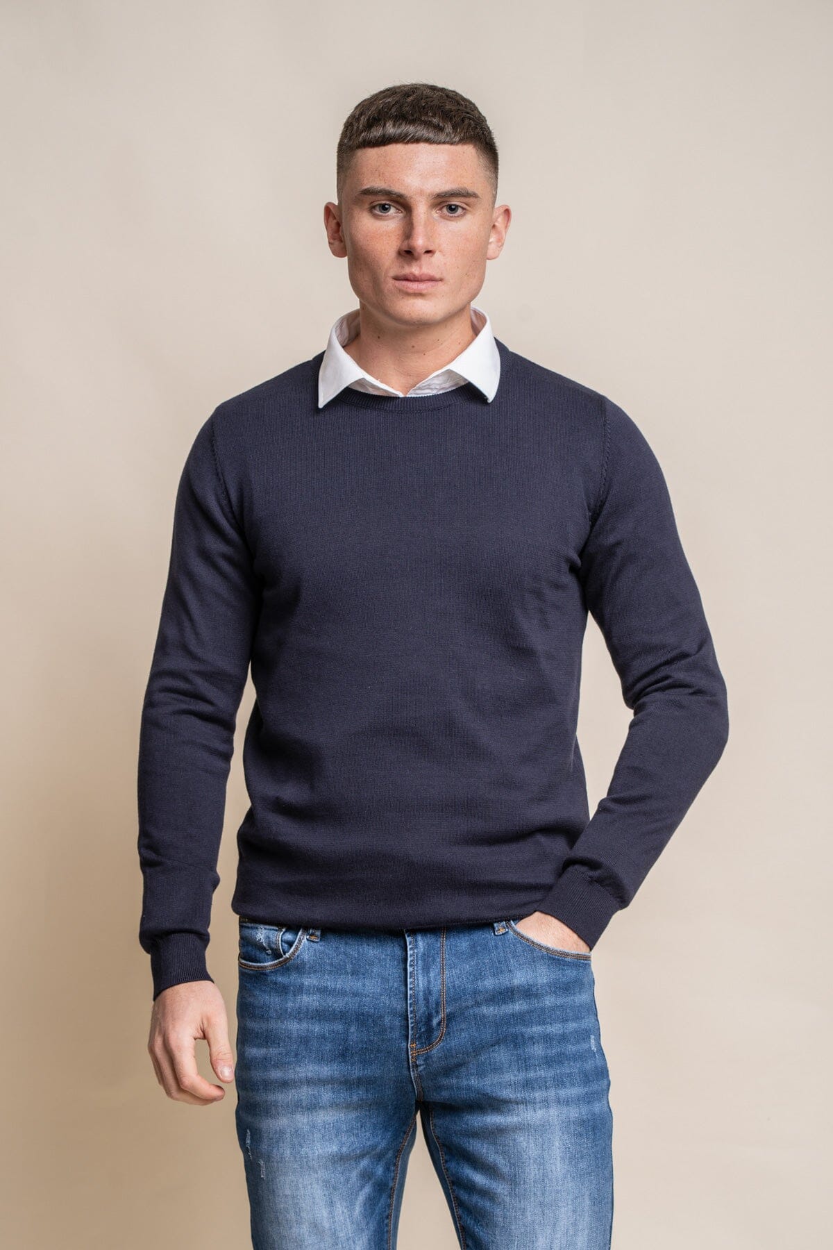 Navy Crewneck Jumper Mens Cotton Pullover Men s Smart Casual Wear Threadpepper