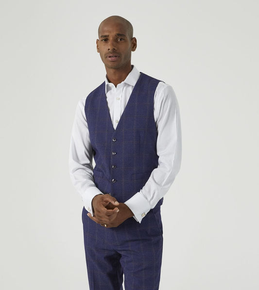 Barron Navy Blue Windowpane Check Waistcoat - Waistcoats - 36R 