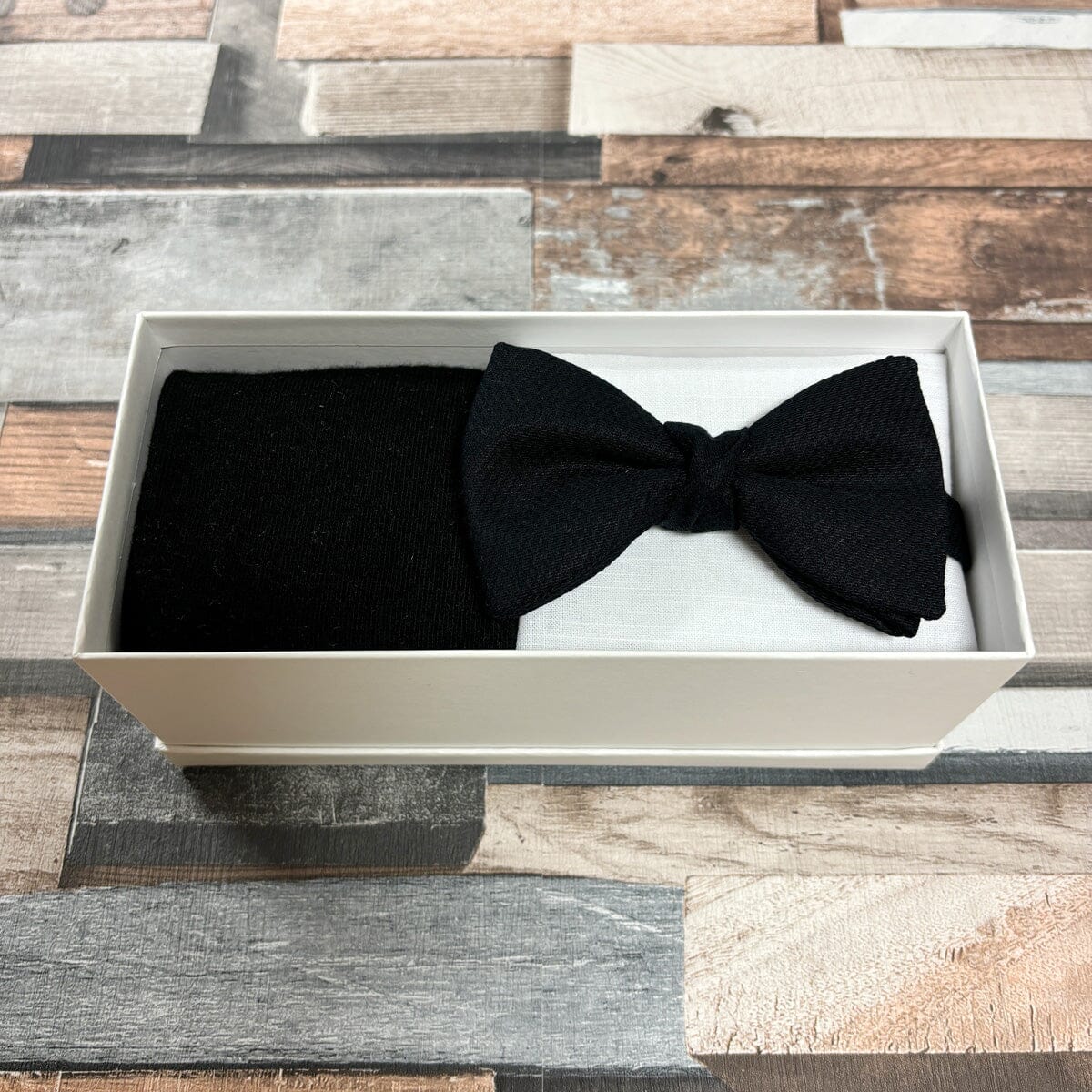 Black Marcella Bow Tie & Socks Boxed Gift Set - Gift Sets - Pre-Tie Bow Tie with Socks & Pocket Square 