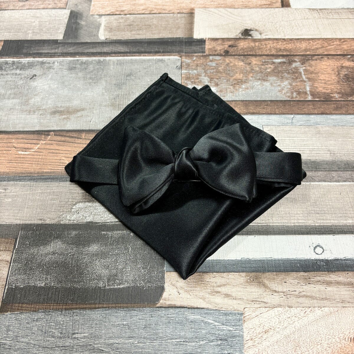 Black Satin Bow Tie - Gift Sets - Pre-Tied Bow Tie Add Pocket Square - Save £1.00 