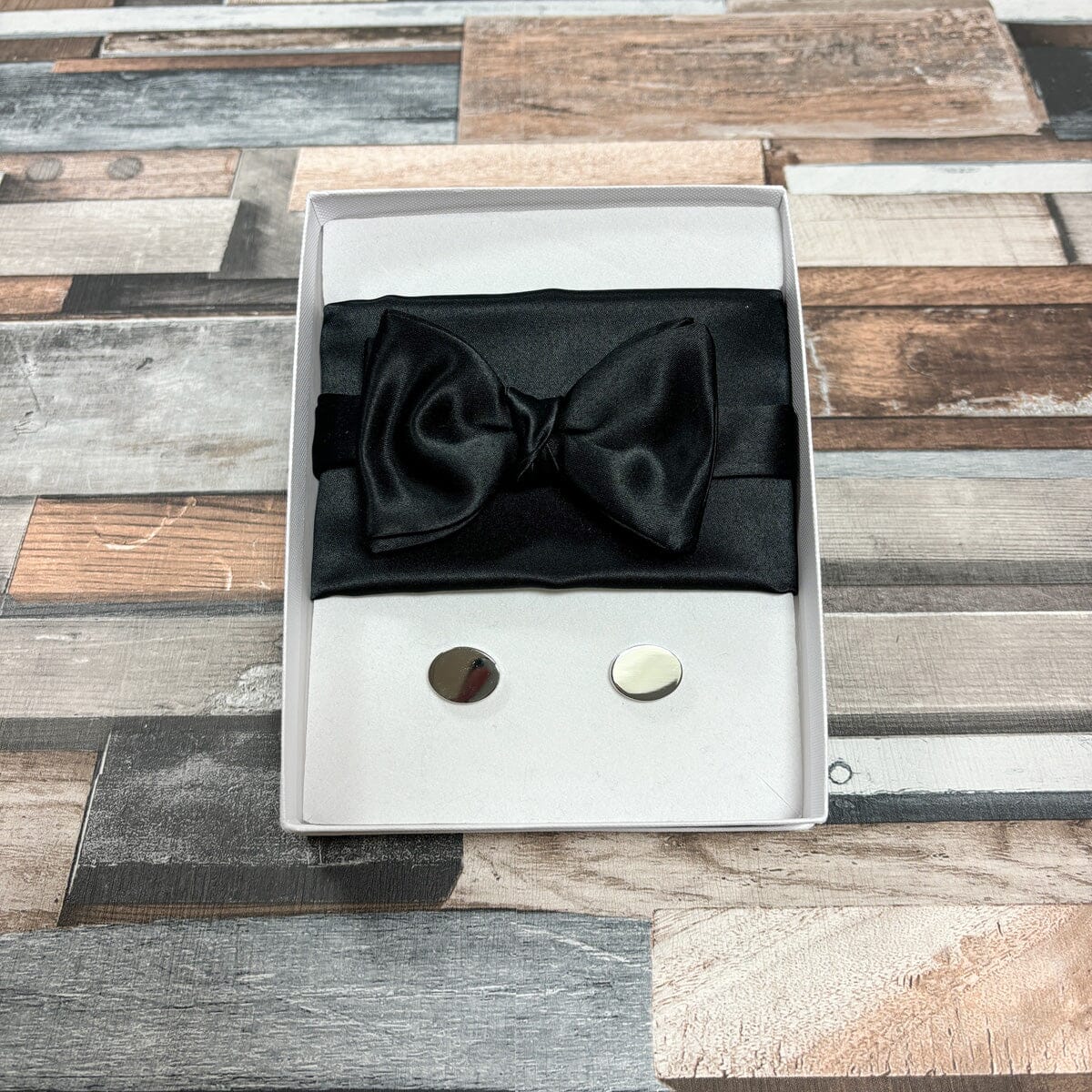 Black Satin Bow Tie - Gift Sets - Pre-Tied Bow Tie Boxed Set (With Bow/Square/Cufflinks) - Save £8.00 