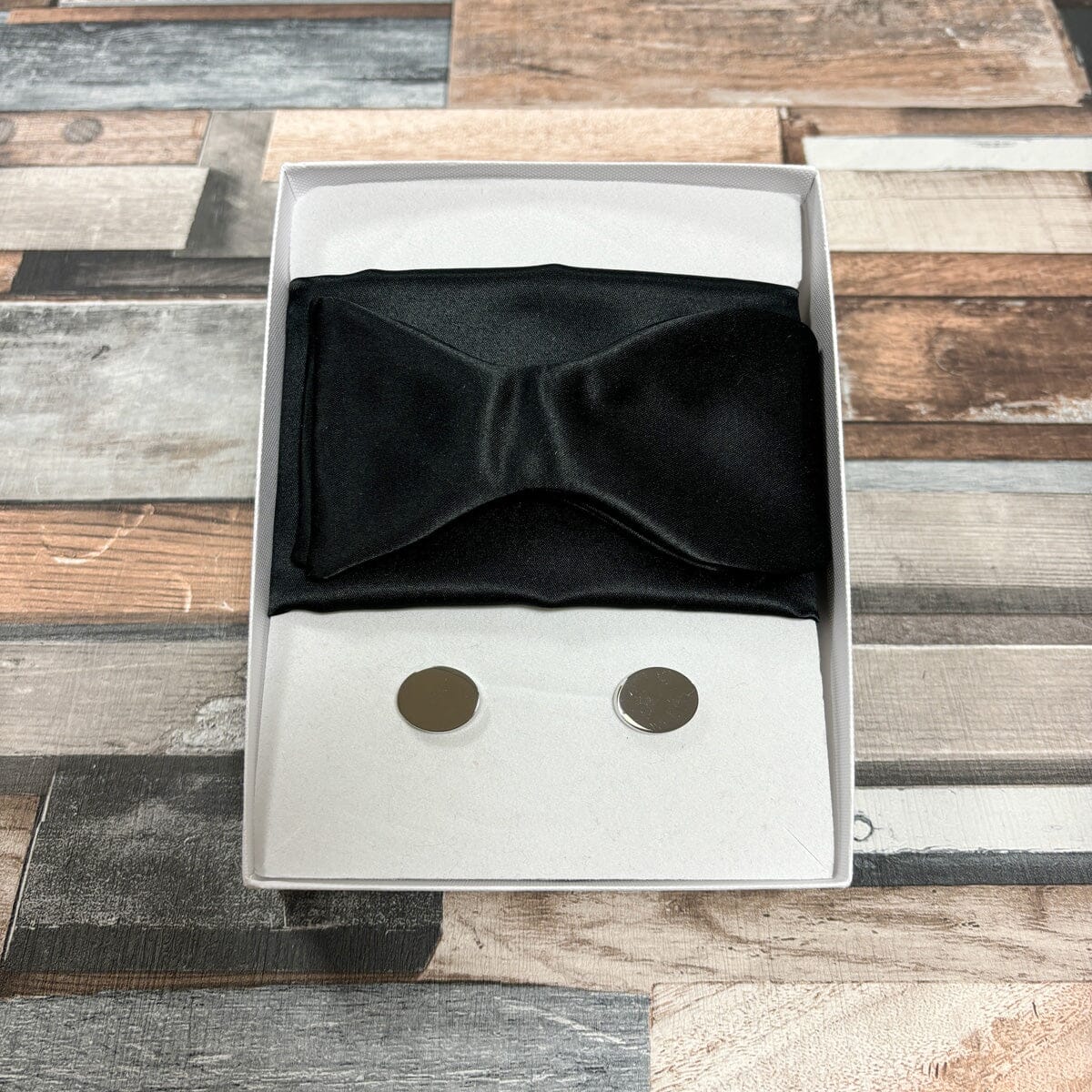 Black Satin Bow Tie - Gift Sets - Self-Tie Bow Tie Boxed Set (With Bow/Square/Cufflinks) - Save £8.00 