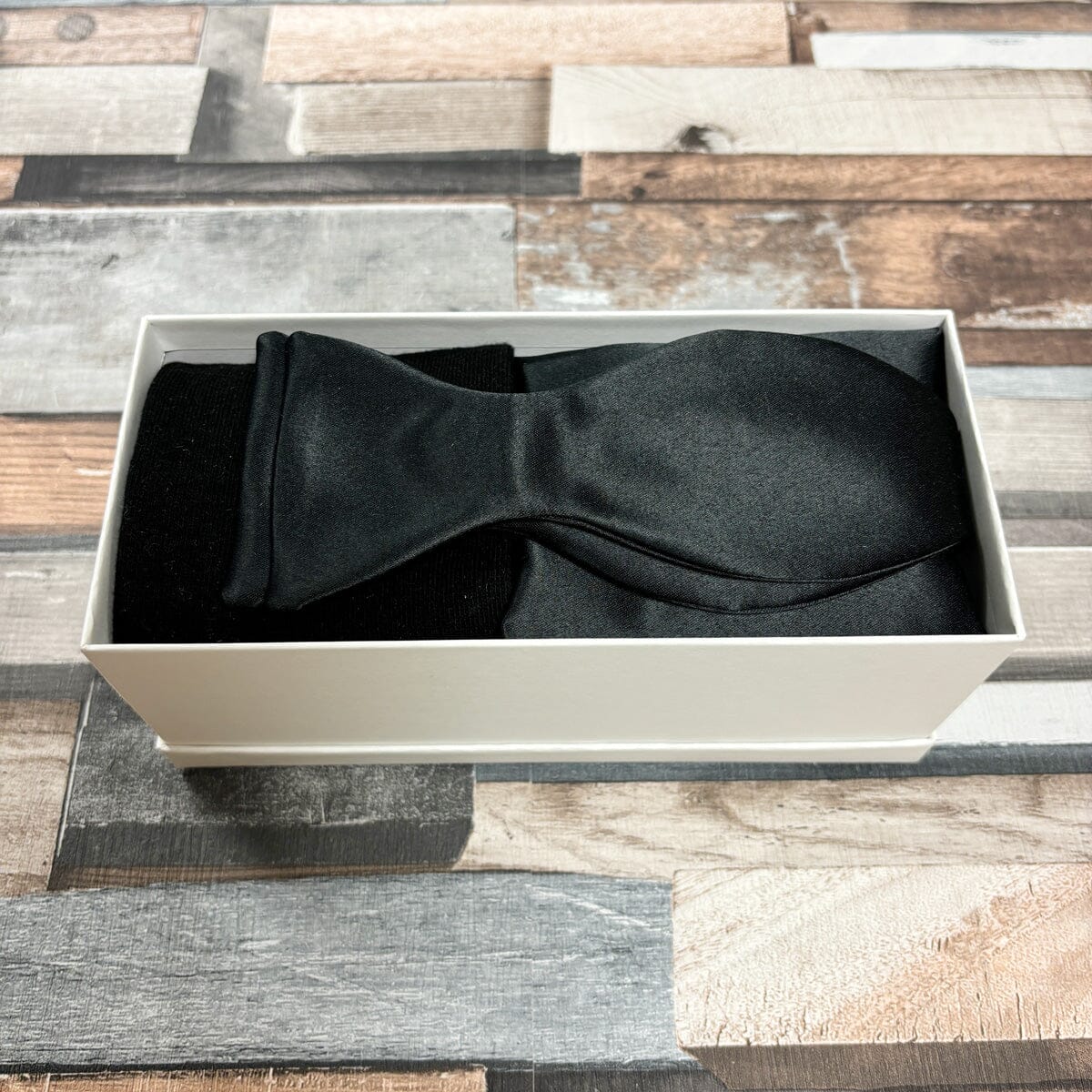 Black Satin Bow Tie & Socks Boxed Gift Set - Gift Sets - Self-Tie Bow Tie with Socks & Pocket Square 