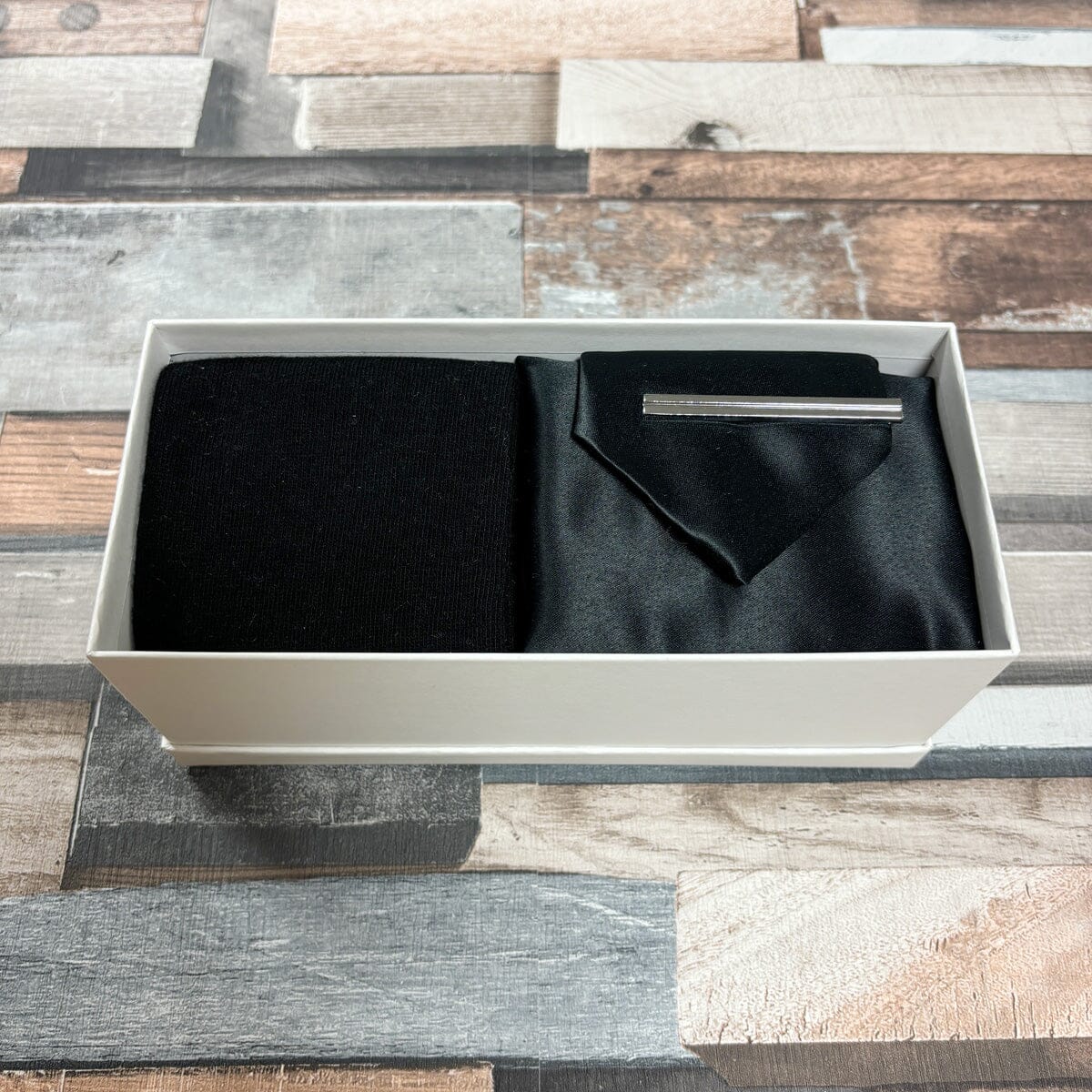 Black Satin Tie & Socks Boxed Gift Set - Gift Sets - Regular Tie with Socks & Pocket Square Boxed Set With Tie Bar 