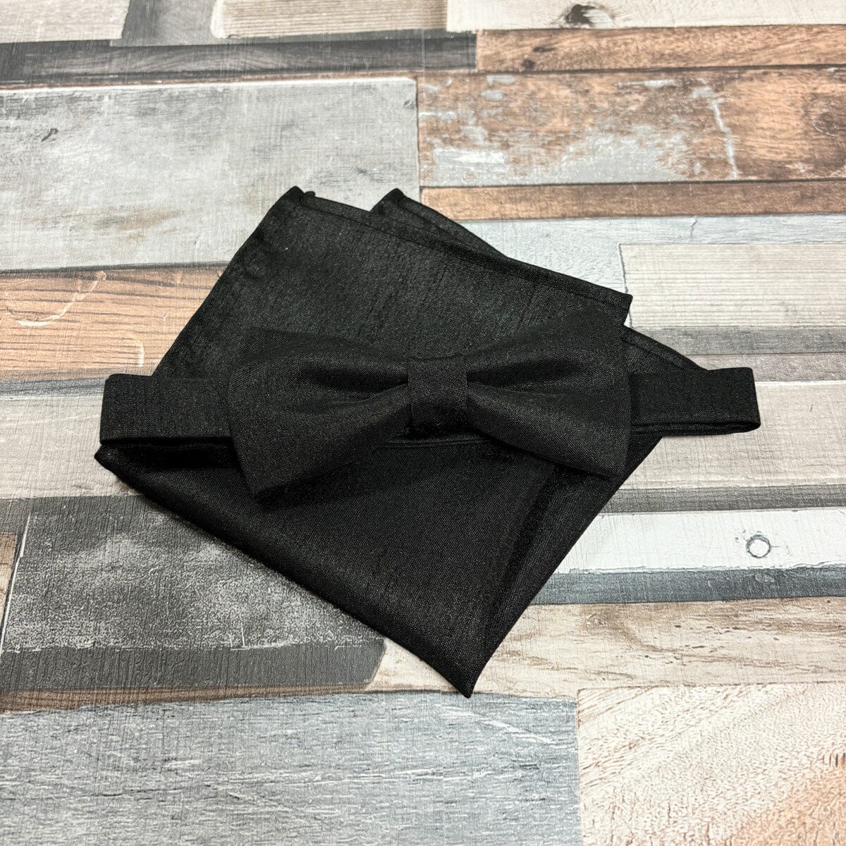 Black Shantung Bow Tie - Gift Sets - Pre-Tied Bow Tie Add Pocket Square - Save £1.00 