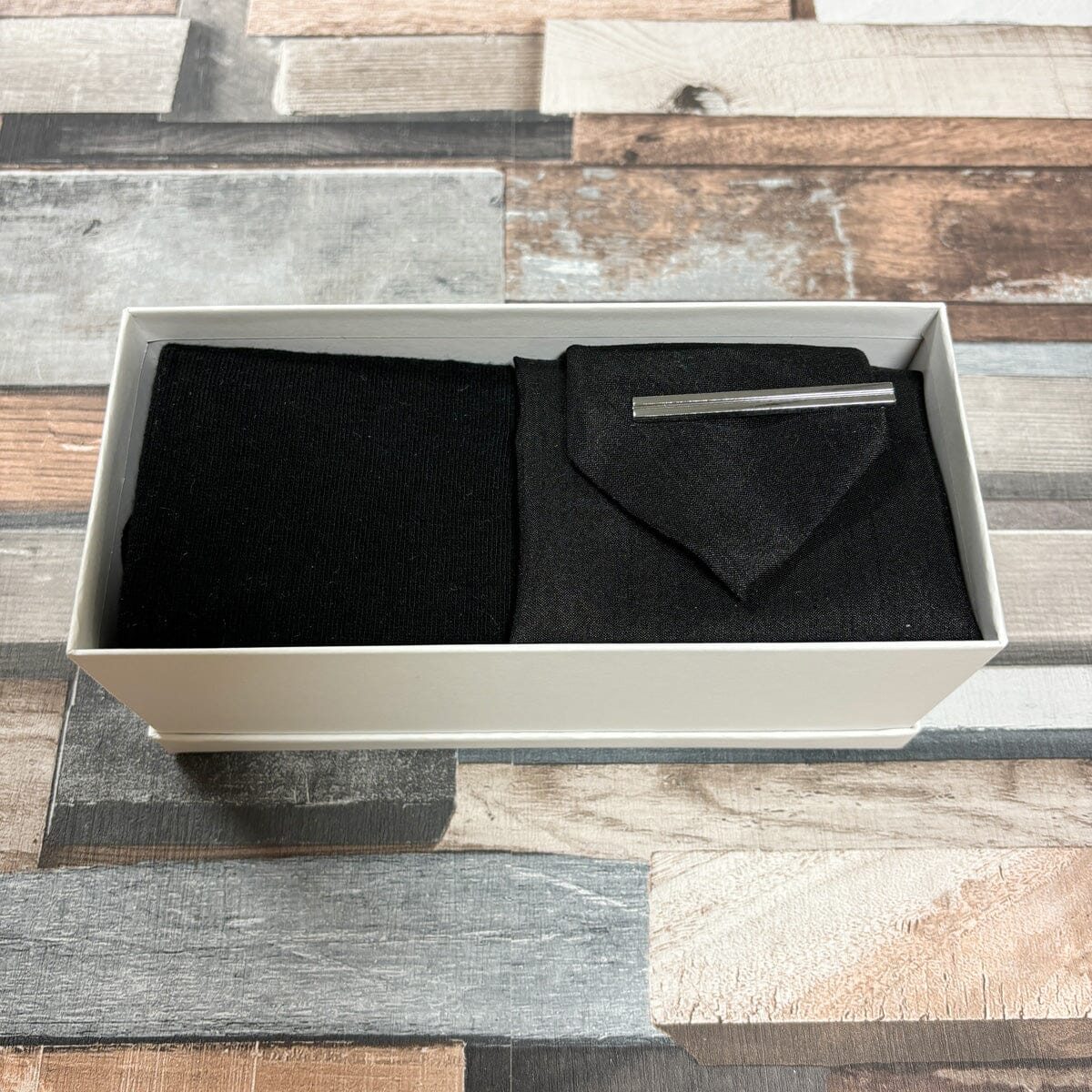 Black Shantung Tie & Socks Boxed Gift Set - Gift Sets - Regular Tie with Socks & Pocket Square Boxed Set With Tie Bar 