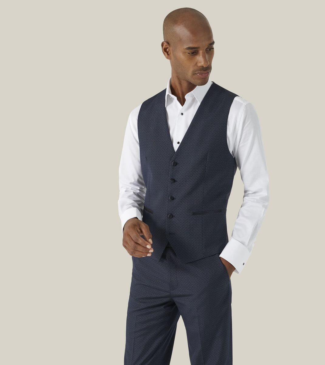 Cuba Navy Blue Geo Dinner Suit Waistcoat - Waistcoats - 38 