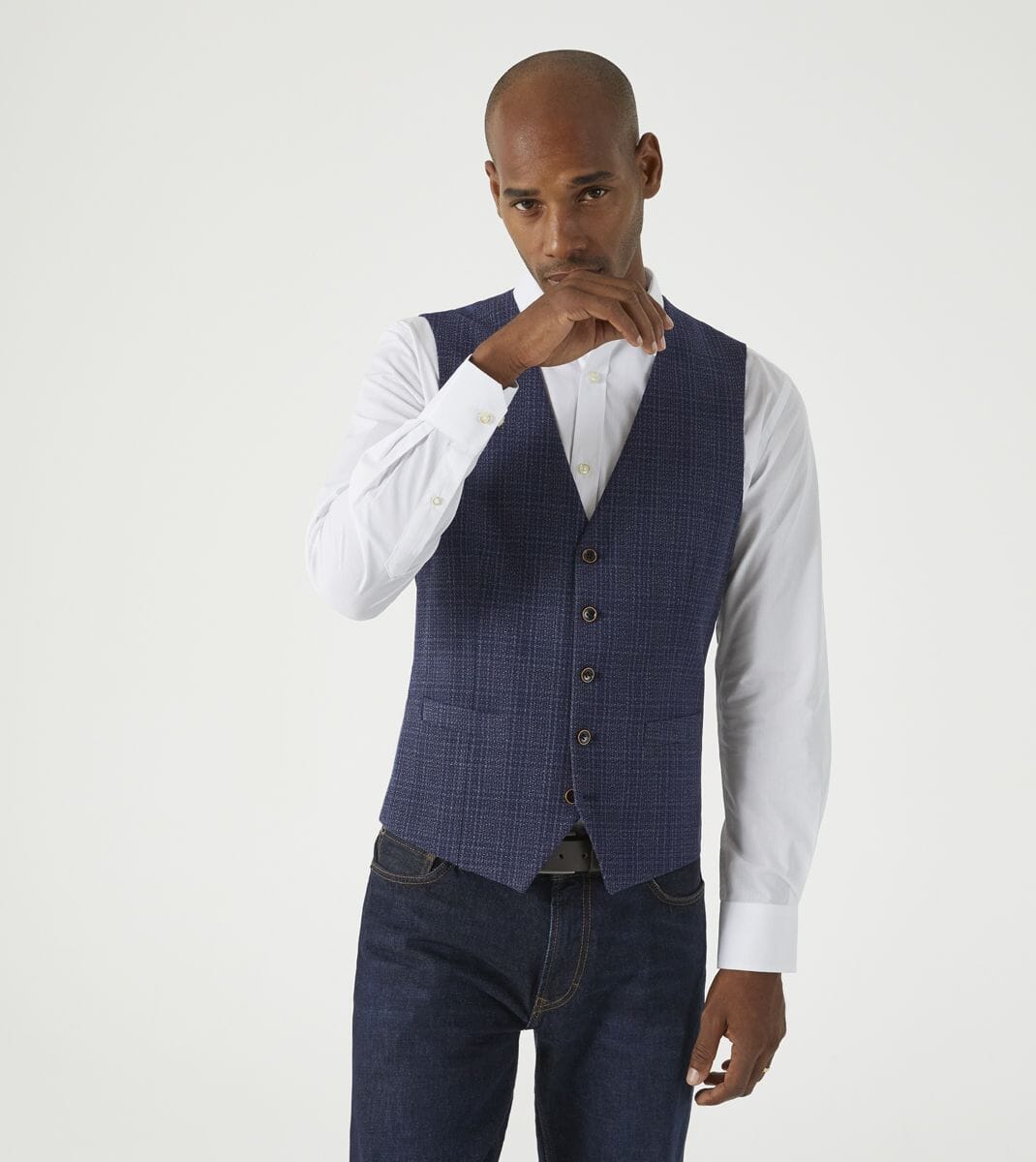 Jeremiah Navy & Grey Check Waistcoat - Waistcoats - 36R 