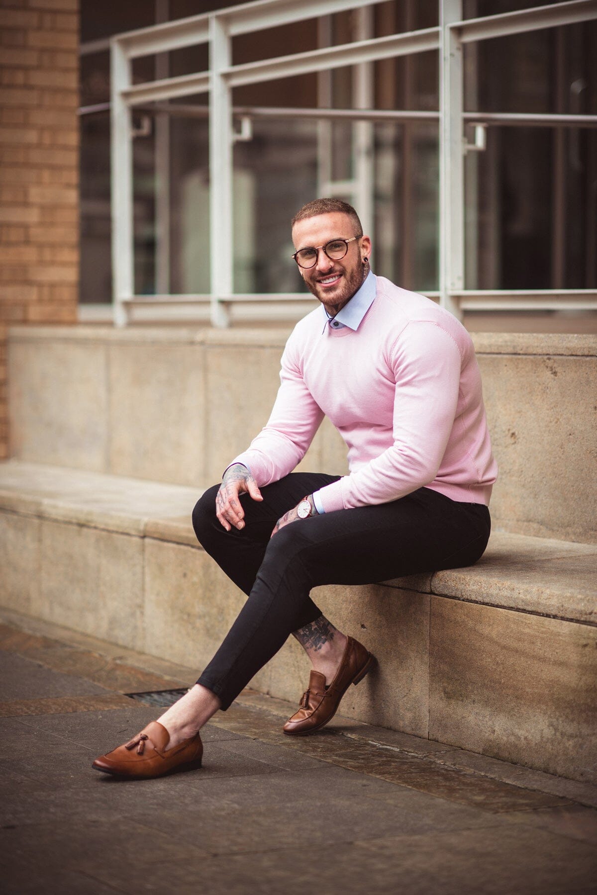 Pink sweater best sale grey pants