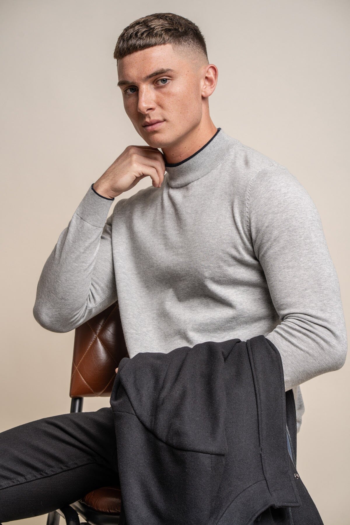 Grey Turtleneck Mens Jumper Cotton Roll Neck Jumpers Smart Casual Threadpepper