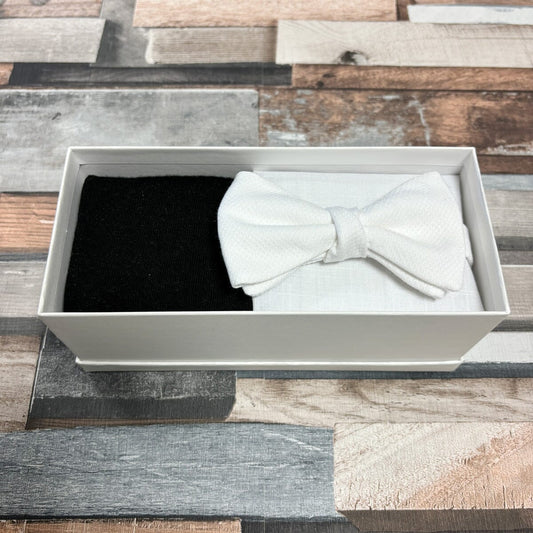 White Marcella Bow Tie & Socks Boxed Gift Set - Gift Sets - Pre-Tie Bow Tie with Socks & Pocket Square 