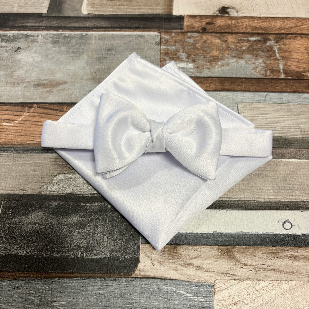 White Satin Bow Tie - Gift Sets - Pre-Tied Bow Tie Add Pocket Square - Save £1.00 