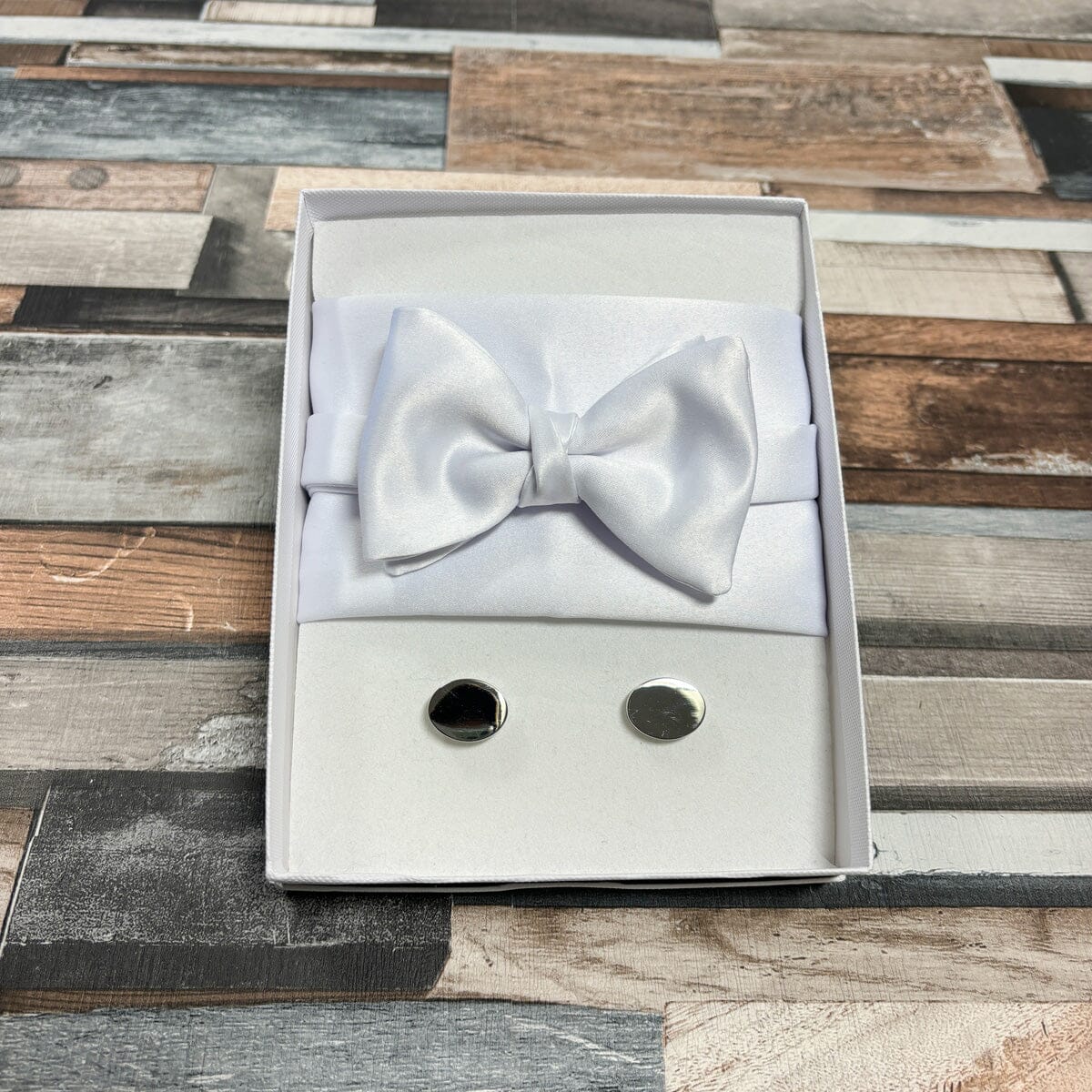 White Satin Bow Tie - Gift Sets - Pre-Tied Bow Tie Boxed Set (With Bow/Square/Cufflinks) - Save £8.00 