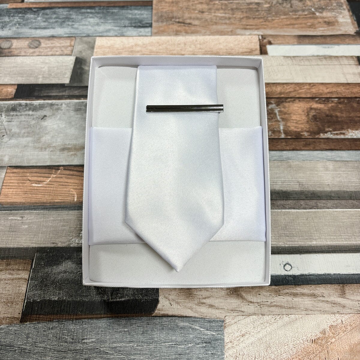 White Satin Tie - Gift Sets - Regular Tie Boxed Set (With Tie/Square/Bar) - Save £5.00 