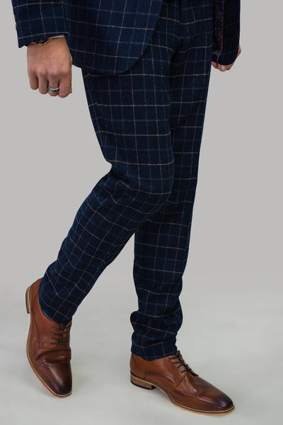 Navy Tweed Check Trousers | Mens Smart Blue Suit Trouser